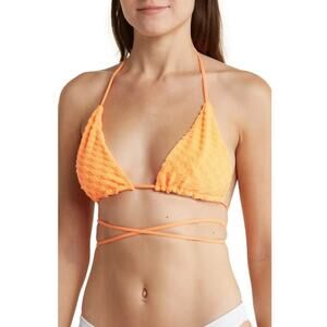 Good American Tiny Ties Bikini Top 2 Medium Orange  Jacquard Wave Check NWT